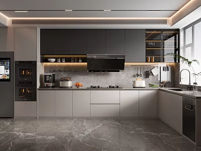 Modern Kitchen With Dark Gray Cabinets White Countertops And Stainless Steel Appliances 3d model