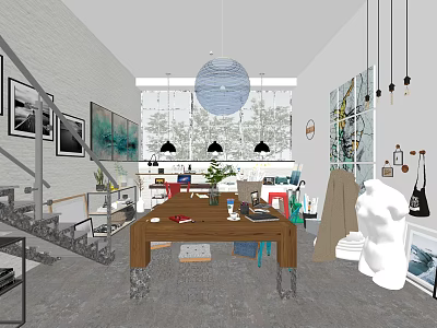 Modern Public Office Space With Large Wooden Table Hanging Lamps And Green Plants 3d model