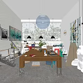 Modern Public Office Space With Large Wooden Table Hanging Lamps And Green Plants