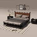 Double Bed with Brown Headboard Black Frame Gray Bedding and Nightstands on Checkered Rug