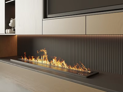 Modern Linear Fireplace Flaming In Minimalist Space With Striped Wall And Cabinetry 3d model