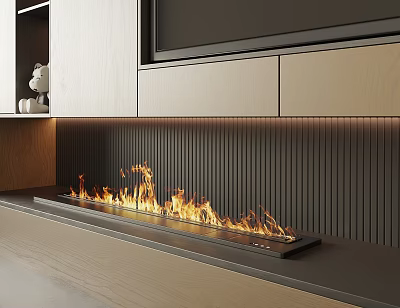 Modern Linear Fireplace Flaming In Minimalist Space With Striped Wall And Cabinetry 3d model