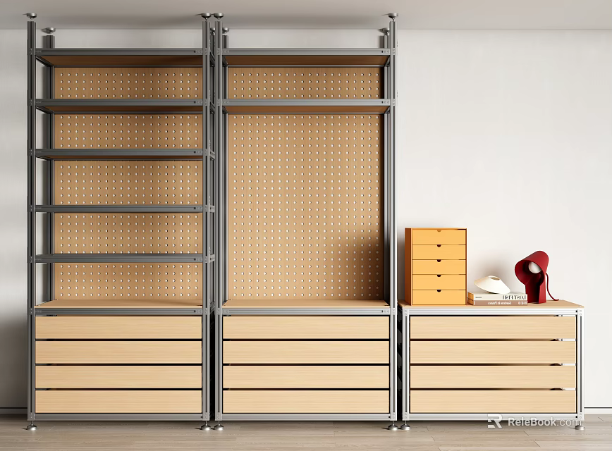 Practical Modern Storage Shelving Unit With Metal Frame Wooden Drawers Pegboard Back For Home Organization 3d model 