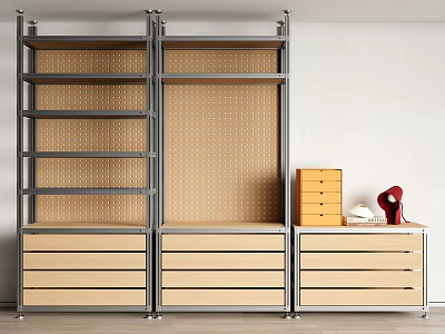 Practical Modern Storage Shelving Unit With Metal Frame Wooden Drawers Pegboard Back For Home Organization 3d model