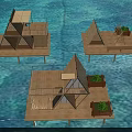 Three Unique Wooden Houses With Triangular Roofs On Water Platforms And Green Plants