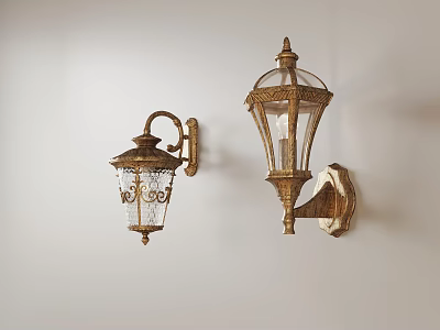 Vintage Gold Wall Sconces With Intricate Patterns And Glass Shades On White Wall 3d model