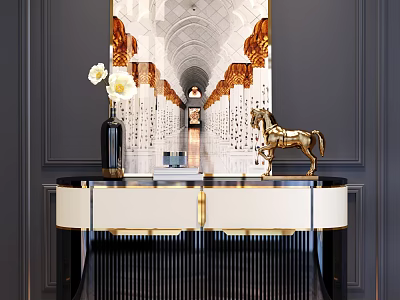 Elegant Modern Entryway Console Table With White Flower Vase And Golden Horse Decor 3d model