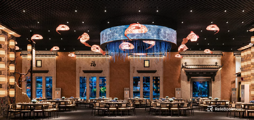 Chinese Style Restaurant Interior Featuring Jellyfish Shaped Chandeliers Brown Walls And Aquariums 3d model 