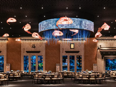 Chinese Style Restaurant Interior Featuring Jellyfish Shaped Chandeliers Brown Walls And Aquariums 3d model