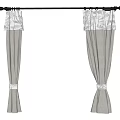 Gray Curtains With Patterned Valance And Tiebacks On Black Curtain Rod