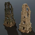 Ancient Ruined Stone Towers With Small Figurine And Historical Architectural Detail