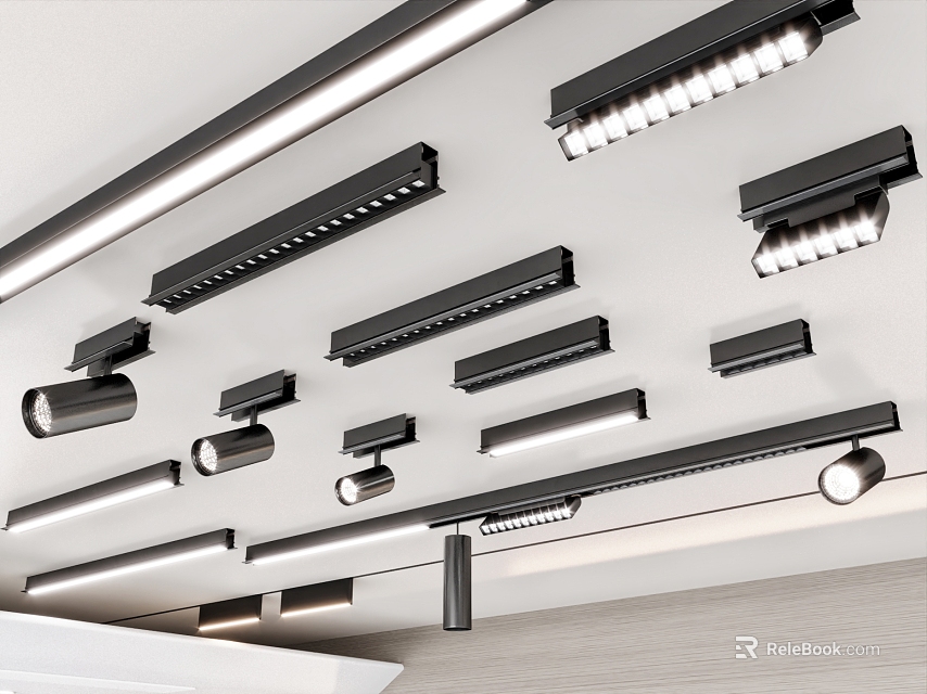 Stylish Modern Ceiling Lighting Combinations With Strip Lights Spotlights And Track Lights Design 3d model 