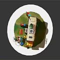 Cartoon Style RV Campsite Scene with Satellite Dish Awning Deck Chairs Lifebuoy and Small Table
