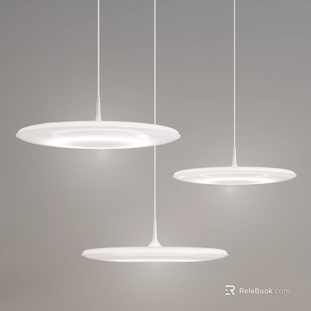 Three Modern White Disc Shaped Pendant Lights With Minimalist Hanging Design 3d model 