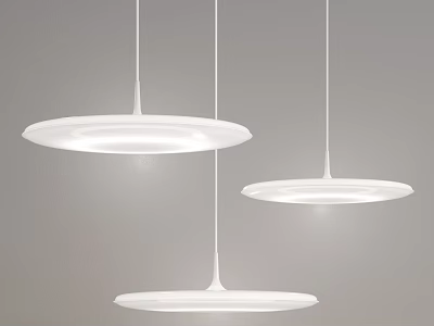 Three Modern White Disc Shaped Pendant Lights With Minimalist Hanging Design 3d model