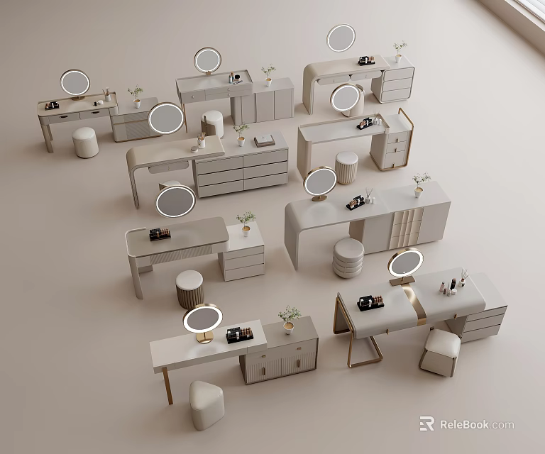 Modern Minimalist Vanities Collection With Round Mirrors Drawers And Stools 3d model