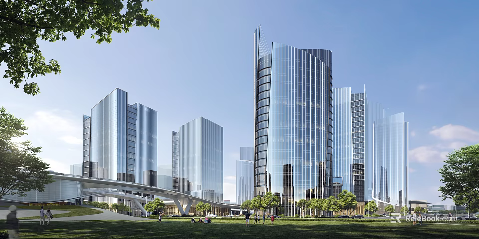 Modern High Rise Office Building With Glass Curtain Wall Green Lawn Pedestrians And Urban Landscape 3d model 
