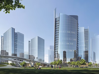 Modern High Rise Office Building With Glass Curtain Wall Green Lawn Pedestrians And Urban Landscape 3d model