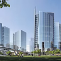 Modern High Rise Office Building With Glass Curtain Wall Green Lawn Pedestrians And Urban Landscape