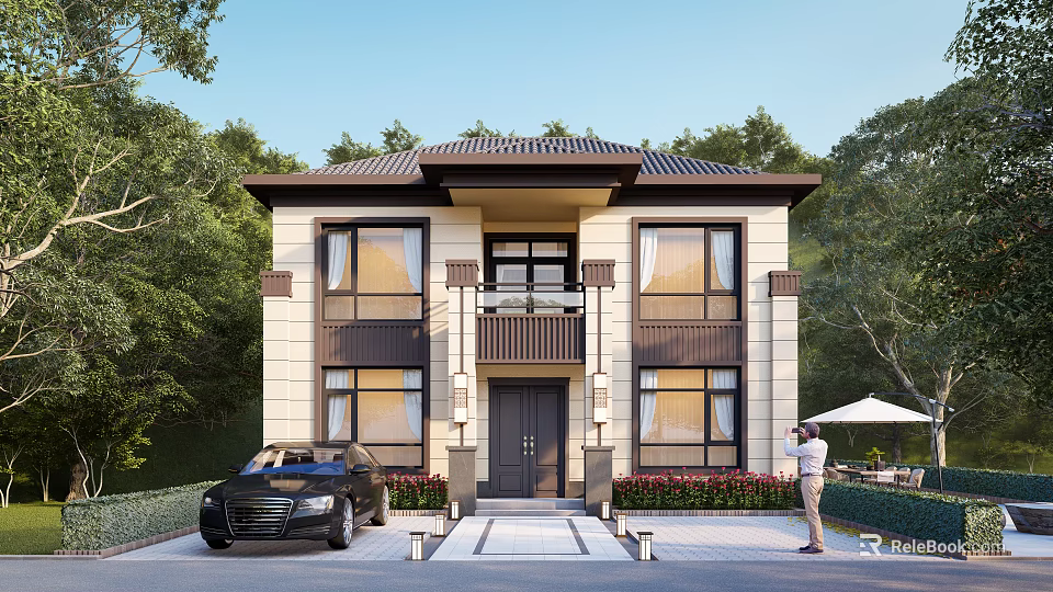 Modern Two Story Detached Villa With Lush Greenery Balcony And Black Car 3d model 