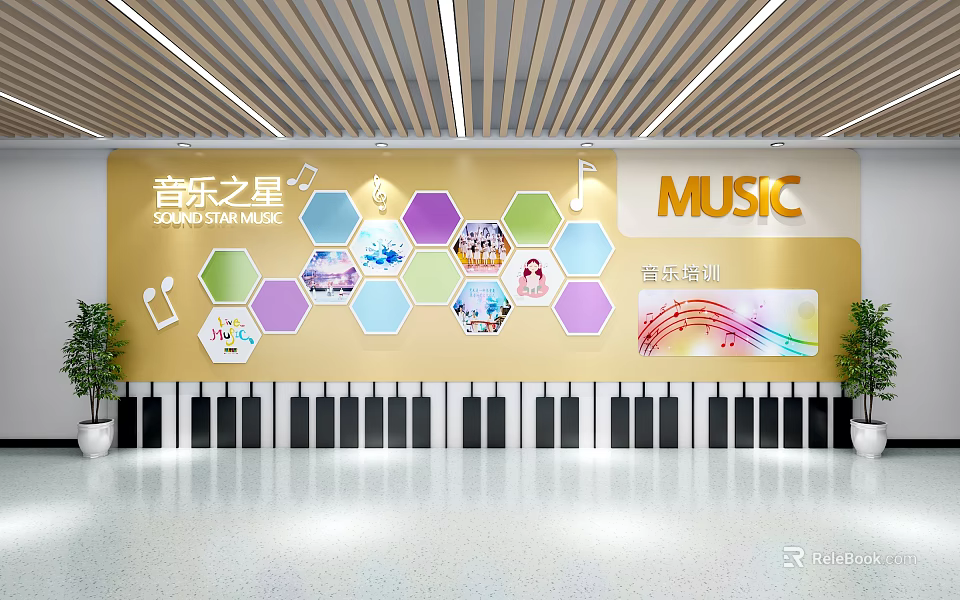 Music Themed Hexagonal Wall Decor with Yellow Background and Musical Elements 3d model 