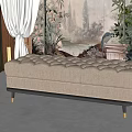 Beige Tufted Ottoman with Metal Legs in Room with Botanical Mural White Curtains Green Plants