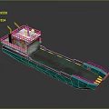 Industrial Barge With Blue Green Hull Yellow Railings And Deck Equipment