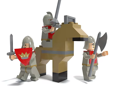 Building Blocks Knights with Horse and Warriors Holding Swords Axes and Shield 3d model