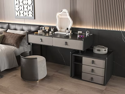 Elegant Modern Dressing Table With Round Mirror Cosmetics Stool And Storage Drawers 3d model