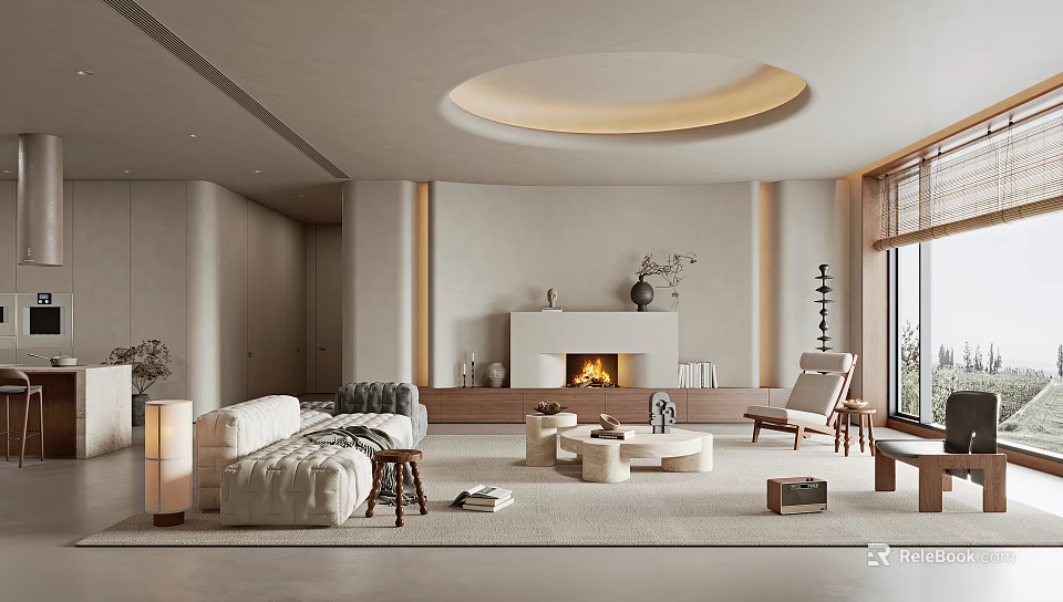 Modern Minimalist Living Room Interior With Sofa Fireplace And Accent Chair 3d model 