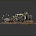 Rugged Custom Motorcycle on Sandy Beige Rocky Dirt Base with Metallic Parts Red Accents