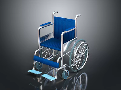 Industrial Equipment Wheelchair with Blue Seat Silver Metal Frame Large Wheels and Footrests 3d model