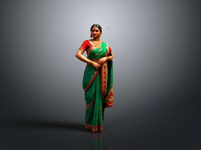 Woman In Green Saree With Red Borders Standing Against Dark Background 3d model