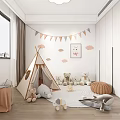 Modern Playroom Interior With Teepee Tent Stuffed Bears Cloud Decorations And Bunting Flags