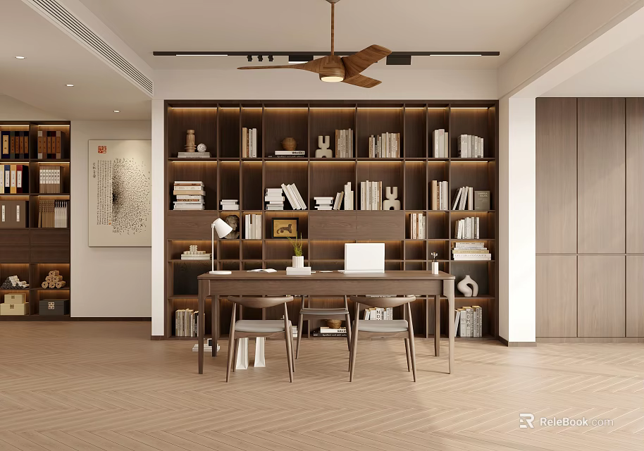 Duplex Living Room with Brown Bookshelves Books Decorations Table Chairs Ceiling Fan and Wooden Floor 3d model 