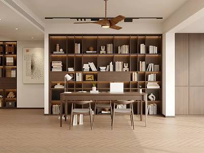 Duplex Living Room with Brown Bookshelves Books Decorations Table Chairs Ceiling Fan and Wooden Floor 3d model