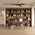 Duplex Living Room with Brown Bookshelves Books Decorations Table Chairs Ceiling Fan and Wooden Floor
