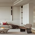 Modern Living Room Interior With Beige Sofa Red Cushions Stone Coffee Table And Bookshelf Rug