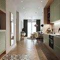 Apartment Open Concept Kitchen Dining Space With Green Cabinets Pendant Lights And Wooden Flooring