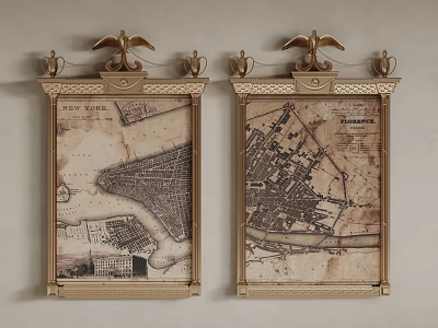 Two Vintage Map Oil Paintings with Golden Eagle Decorated Frames and City Layout Text Annotations 3d model