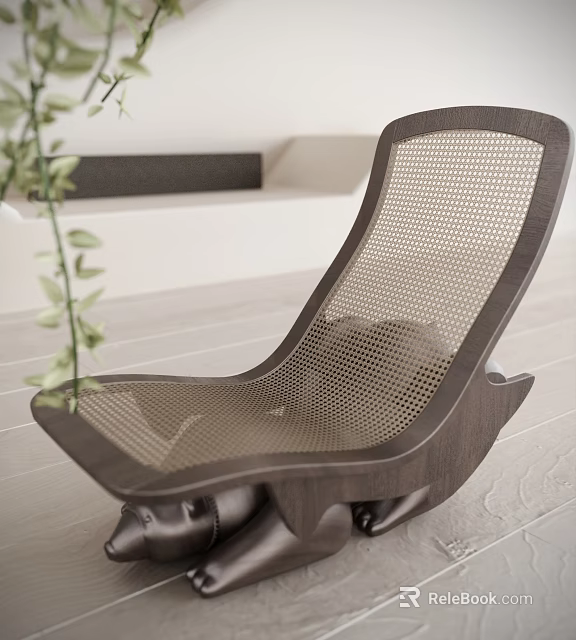 Modern Lounge Chair with Mesh Design Indoor Green Plant and Wooden Frame 3d model 
