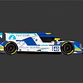 Blue and White Race Car with Yellow Accents Number 169 Streamlined Design and Reflection