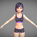 Woman In Black Sports Bra With Purple Trim And Black Shorts Standing Pose