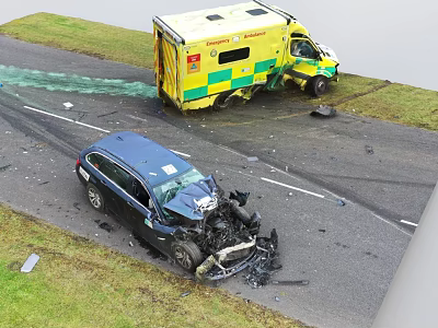 Crashed Blue Car With Severe Damage Near Ambulance On Road With Debris 3d model