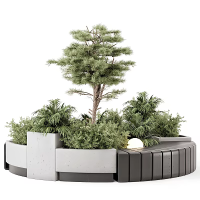 Outdoor Landscape Seating with Curved Design Surrounded by Pine Palm and Greenery Plants 3d model