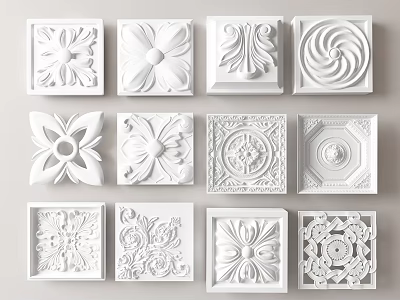 White Decorative Carved Panels With Various Floral And Geometric Patterns For Wall Ceiling Decor 3d model
