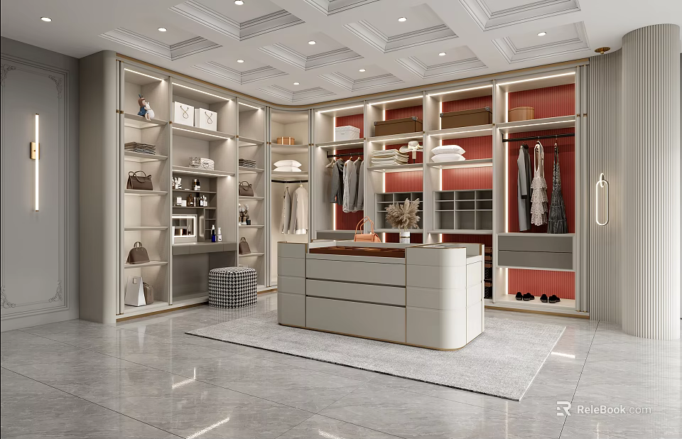 Modern Walk in Closet Interior With Built in Shelves Hanging Rods And Central Storage Island 3d model 