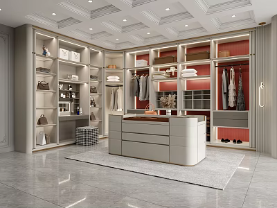 Modern Walk in Closet Interior With Built in Shelves Hanging Rods And Central Storage Island 3d model