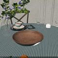 Round Dining Table Set With Striped Tablecloth Fruits Plants And Wooden Chairs With Woven Seats