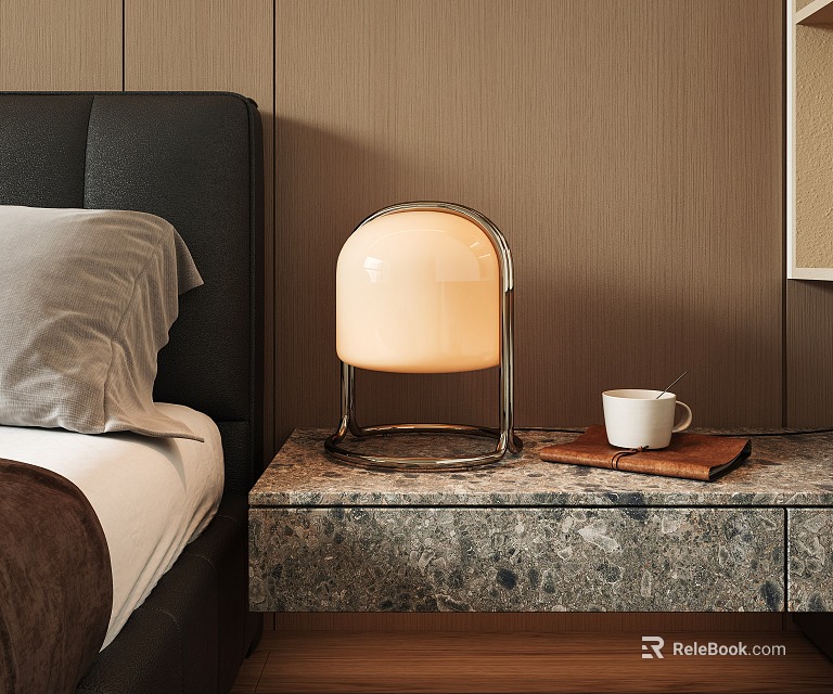 Elegant Modern Table Lamp On Marble Top Bedside Table With White Mug And Wooden Backdrop 3d model 